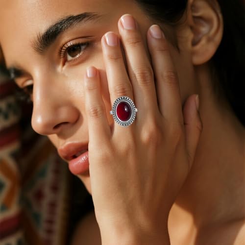 Retro Sterling Silver Stone Ring,Antique Natural Real Oval Crystal Quartz Gemstone Boho Bohemian Ring Jewelry for Women - color: A18_Garnet
