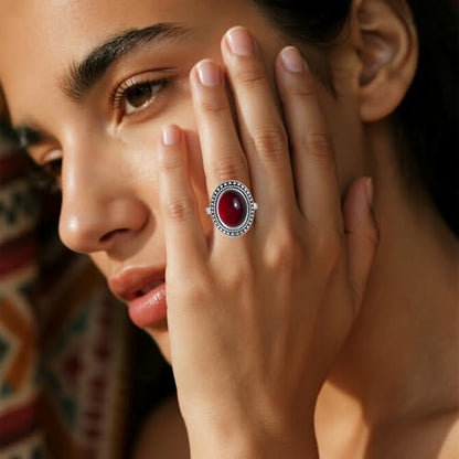 Retro Sterling Silver Stone Ring,Antique Natural Real Oval Crystal Quartz Gemstone Boho Bohemian Ring Jewelry for Women - color: A18_Garnet