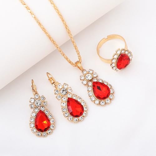Teardrop/Heart Crystal Jewelry Set for Women, Gold Tone Rhinestone Necklace Earrings Ring Set, Wedding Bridal Prom Party Jewelry Gift - color: Red (teardrop)