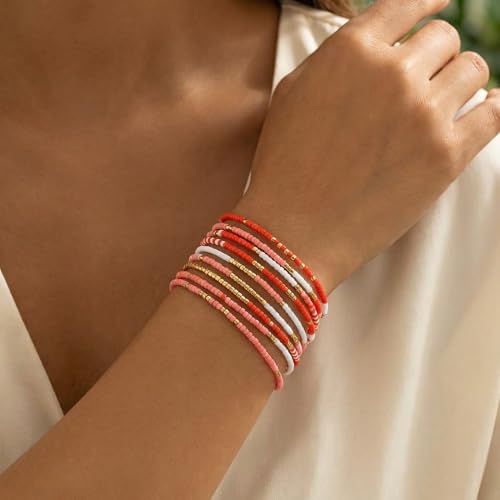 Gold Seed Beaded Stack Bracelets for Women,Handmade Stackable Stretch Colorful Ball Fall Jewelry Friendship Accessories Gift - color: pink