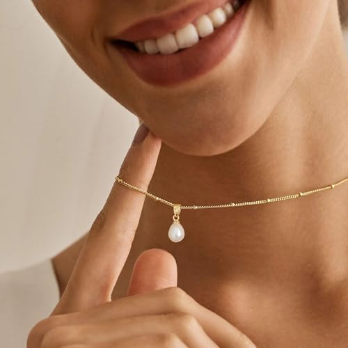 Pearl Necklaces for Women, Dainty Pearl Drop Necklace 14K Gold Plated CZ Pearls Pendant Necklace Small Gold Choker Necklaces for Women Trendy Wedding Jewelry Bridesmaids Gifts - color: Gold Plated-Bead Pearl