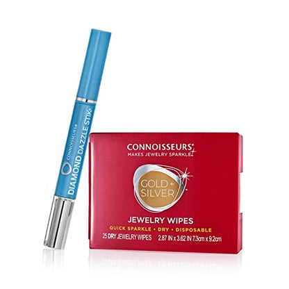 CONNOISSEURS Premium Edition Compact Jewelry Wipes No Rinse Gold and Silver Jewelry Cleaner, Polish and Remove Tarnish to Restore Brilliance, Dry Disposable Wipes, Diamond Dazzle Stik - style: Dazzle Stik + Jewelry Wipes Bundle