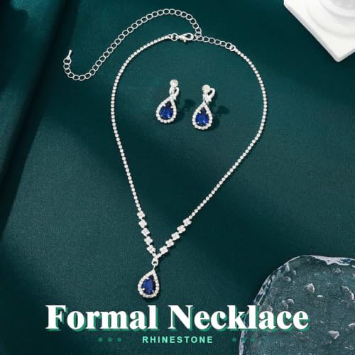 JAKAWIN Clip On Earrings and Necklace Set Silver Rhinestone Jewelry Sets - color: E Dark Blue