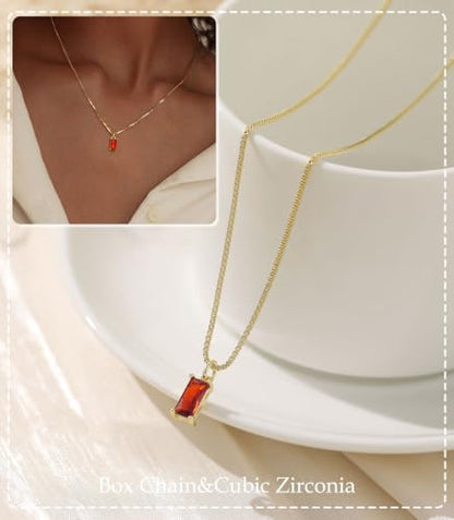 FUNEIA Diamond Necklaces for Women 14K Gold Plated Emerald Birthstone Necklace for Women Mothers Dainty Gold Necklace Blue Green Cubic Zirconia Pendant Necklace Birthday Gifts for Women Jewelry - color: 01. January(Garnet)