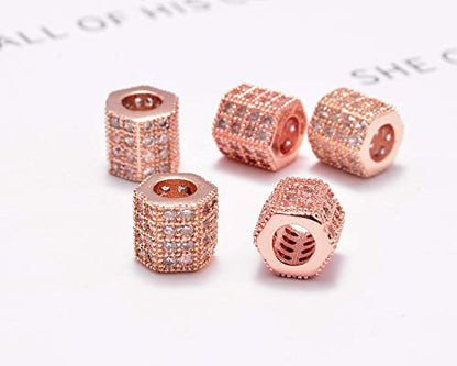 AD Beads Zircon Pave Rhinestones Big Hole Hexagon Spacer Beads 7x8mm 5Pcs Clear on Rose Gold - color: 5 Pcs Clear on Rose Gold Hexagon (7x8mm)