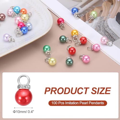 MECCANIXITY 100Pcs Imitation Pearl Pendant 10mm Faux Pearl Beads with Rhinestone for Dangle Jewelry Making Earrings Necklace Bracelets Crafts, Red - color: Red