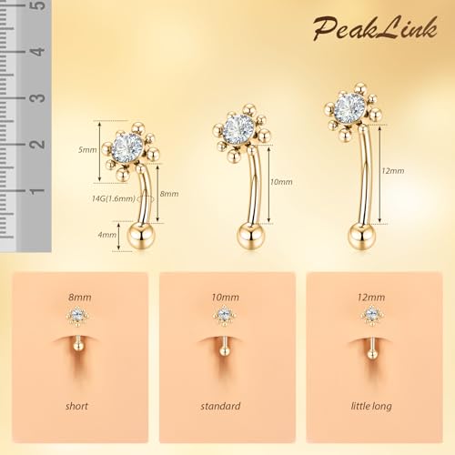 PEAKLINK G23 Titanium Belly Button Ring 14G Belly Piercing Jewelry Belly Barbell Navel Ring Navel Barbell Stud 8mm 10mm 12mm - color: Style2:Gold with Clear CZ