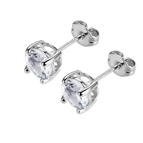 Amazon Essentials Sterling Silver Round Birthstone Stud Earrings - color: Created White Sapphire, April