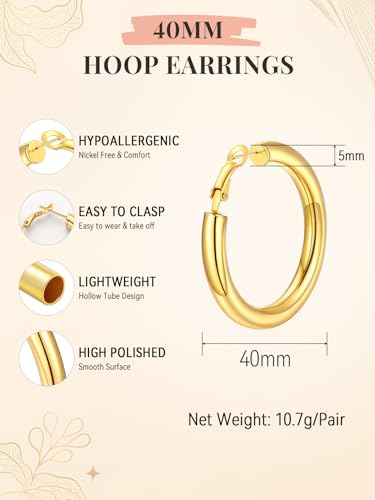 FaithHeart Silver/Black/Gold Stainless Steel Chunky Hoop Earrings for Women | Hypoallergenic Lightweight Hoop Earrings, Trendy Statement Thick Hoop, 20/30/40/50/60/70/80mm - color: Gold, size: 40mm