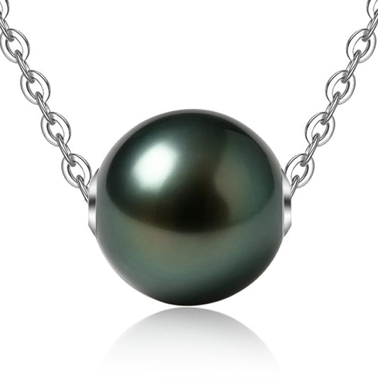 Genuine Tahitian Black Pearl Necklace for Women, 9-12mm AAAAA Handpicked Natural Black Pearl Pendant with 18K White Gold Plated Sterling Silver Chain, Luxury Jewelry Birthday Gifts for Wife, Women, Mother, Girlfriend, Anniversary, Valentines, Mothers Day
