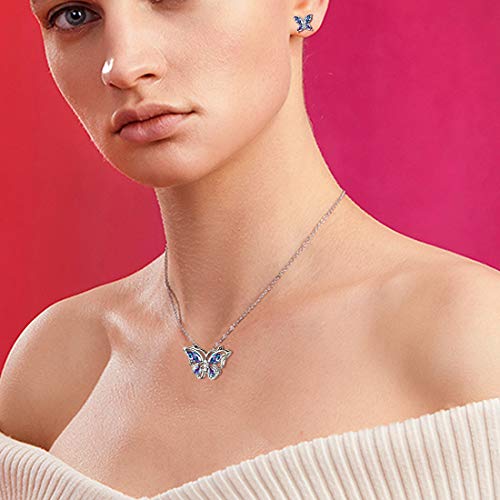 925 Sterling Silver Birthstone Butterfly Jewelry Women Crystal Animal Cute Butterflies Birthday Necklace/Earring/Ring/Bracelet Sets Birth Stone Statement Anniversary Jewellery - color: 1-M.Mysitc-Rainbow-Topaz