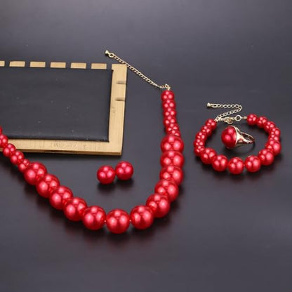 Prom Jewelry Set for Women Pearl Jewelry Sets Pearls Necklace Earrings Bracelet Ring Sets Faux Pearls Bridesmaid Bridal Wedding Prom Outfits Jewelry Sets - color: Red