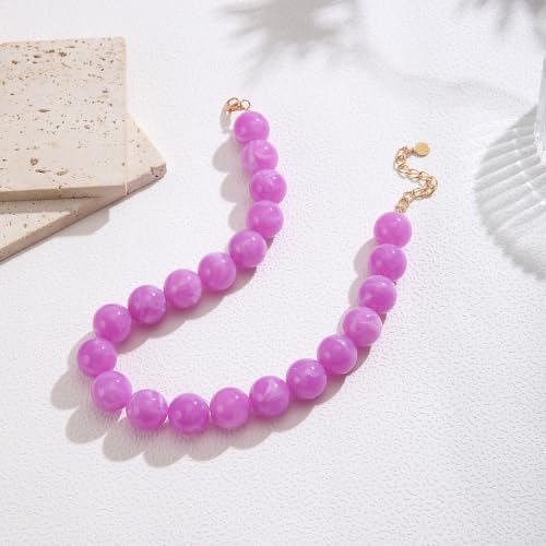 Chunky Necklaces for Women Trendy 20MM Large Resin Beaded Necklace Bold Statement Chunky Choker Necklace Boho Beads Summer Beach Jewelry - color: Purple