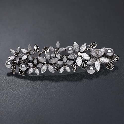 Flower Rhinestone Hair Barrettes for Women Fine Hair Glitter Sparkle Fancy Hair Clips for Women And Girls Elegant Pearl Barrettes (Light Grey) - color: Light Grey