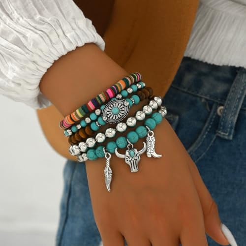 LOTSOF Western Turquoise Beaded Bracelet, Chic Stack Beaded Western Style for Country Concerts, Cowgirl Outfits & Boho Jewelry - color: Bull Head Style 5PCS
