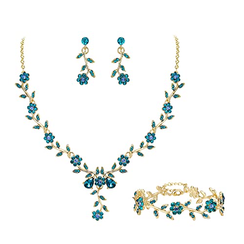 Women's Wedding Jewelry Set for Bride,Prom Bridal Accessories | Bling Crystal,Flower Leaf Cluster,Dangle Earrings Pendant Necklace Set,for Bridesmaid,Party Jewellery - color: 3Pcs-Blue Topaz Gold-Plated-Base