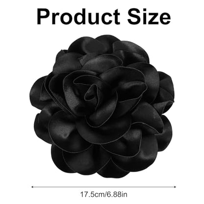 Black Extra Large Flower Brooches Lapel Pins 17.5mm Handmade Dainty Satin Fabric Rose Big Camellia Flower Brooch Pin for Women Christmas Wedding Bridal Birthday Dance Clothes Accessories Jewelry