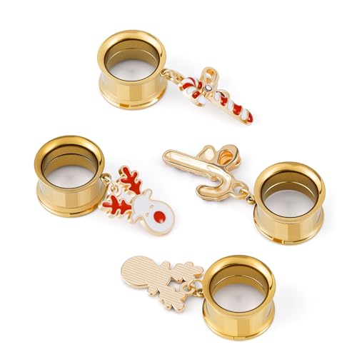 ERKUOO 4PCS Christmas Ear Tunnels Set Stainless Steel Double Flare Gold Tone Plug Gauges with Santa Snowman Reindeer Candy Cane Dangle Charms Holiday Stretching Jewelry Gift for Women Men 6mm-25mm - color: Reindeer & Candy Cane Set, size: 10mm
