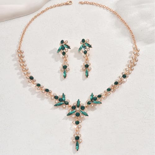 Wedding Jewelry Sets for Brides Rhinestone Necklace and Earring Set Bracelet Ring Gold Silver Prom Jewelry Sets Diamond Flower Teardrop Necklace for Women - color: Style5-Green