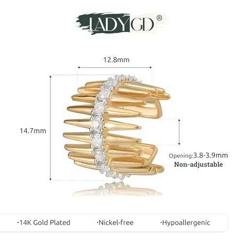 Sparkle Ear Cuff for Women, Non Piercing Single | 14K Gold Plated Brass, Clear Cubic Zirconia Accents, Fixed 3.8-3.9 mm Opening, Single Non-Piercing Cuff For Ear Stacks - style: Spike Sparkle