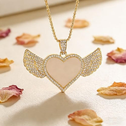 Hip Hop Ice Out Angel Wings Heart Shaped Photo Frame Pendant Necklace for Men and Women Fashion Souvenirs Jewelry Gifts - color: golden