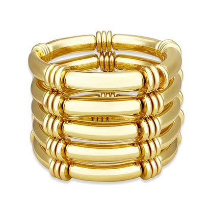 YBMYCM 5PCS Gold Chunky Bangles Bracelets for Women | 14k Gold Plated Stackable Layered Curved Bamboo Tube Stretch Bracelets Bangle Gift Jewelry - color: 5pcs G