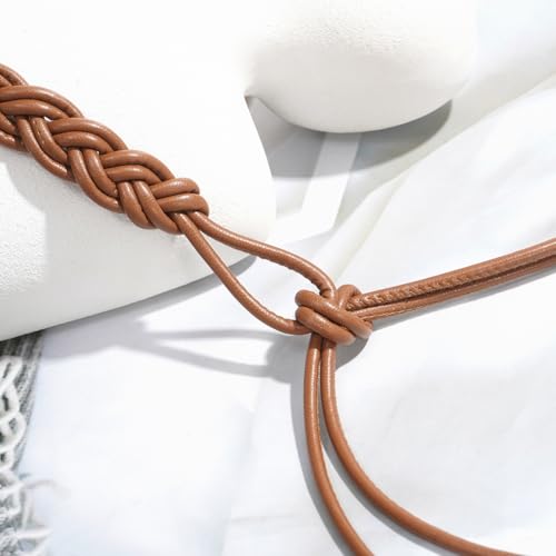 Women's Knotted Thin Waist Belt PU Leather Skinny Belts for Dresses Pants - color: Plaited Hair-brown