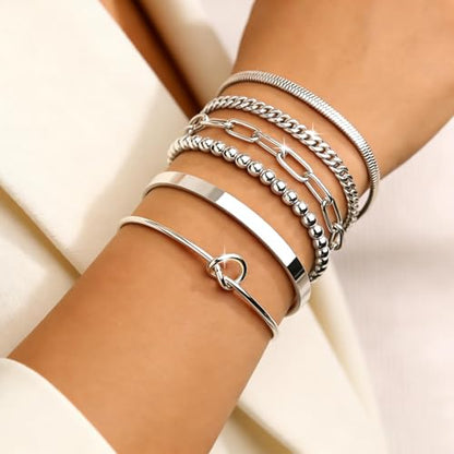 6Pcs 14K Gold Plated Bracelets for Women Layered Bangle Cuff Stack Set Adjustable Stacking Jewelry Set Gifts - color: 6PC-silver