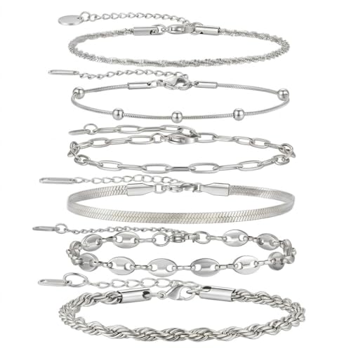 18K Gold Plated Necklace Bracelet Set Womens Stackable Adjustable Stainless Steel Minimalist Modern Everyday Jewelry Gift Gold and Silver - style: 6 Pcs Silver Bracelets