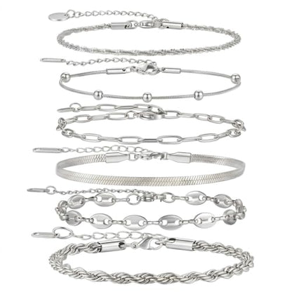 18K Gold Plated Necklace Bracelet Set Womens Stackable Adjustable Stainless Steel Minimalist Modern Everyday Jewelry Gift Gold and Silver - style: 6 Pcs Silver Bracelets