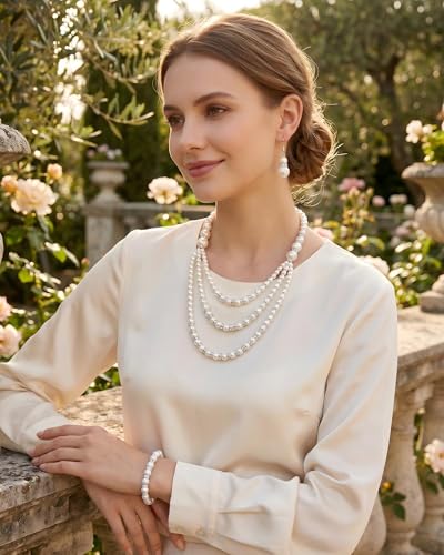 Pearl Necklace Set - Faux Pearl Earrings and Bracelets Jewelry Set for Women Wedding Bridal Shower Tea Party Accessories - style: 9pcs-silver