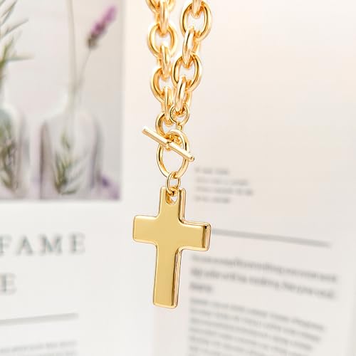 Zeffy 14K Gold/Silver Plated Chunky Thick Chain Toggle Clasp Necklace Dainty Baroque Pearl/Heart/Cross/Turquoise Pendant Necklace - color: Gold Big Cross Necklace