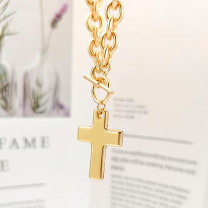 Zeffy 14K Gold/Silver Plated Chunky Thick Chain Toggle Clasp Necklace Dainty Baroque Pearl/Heart/Cross/Turquoise Pendant Necklace - color: Gold Big Cross Necklace