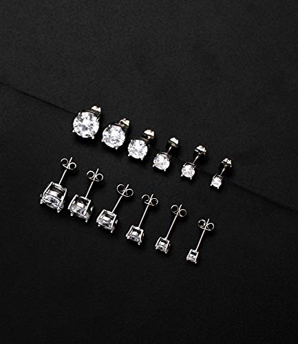 Tornito 6 Pairs 20G Stainless Steel Stud Earrings Square Cubic Zirconia Earring Set For Men Women 3MM-8MM Silver Tone - style: A:6 Pairs,Round CZ