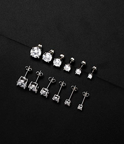 Tornito 6 Pairs 20G Stainless Steel Stud Earrings Square Cubic Zirconia Earring Set For Men Women 3MM-8MM Silver Tone - style: A:6 Pairs,Round CZ