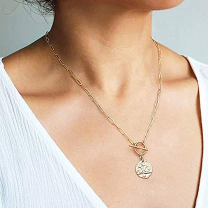 Chunky Gold Necklace for Women, 18K Waterproof Heart Necklace Statement Necklace Gold Charm Necklace Chunky Jewelry Paperclip Chain Choker Gift for Women - style: Star Moon Coin