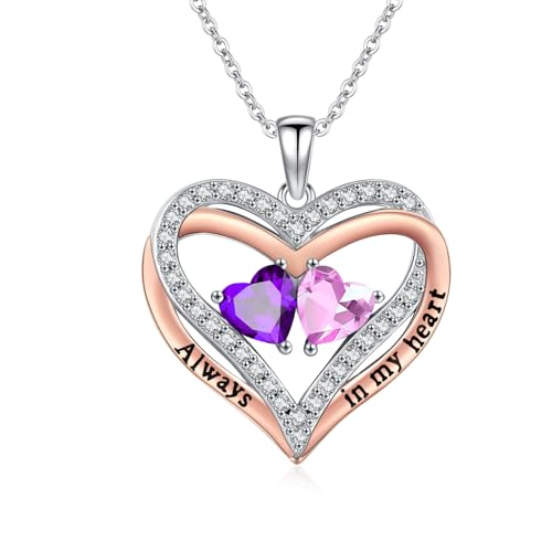 Heart Birthstone Necklace for Women 14K Rose Gold/White Gold Filled Overlapping Double Hearts Pendant Anniversary Valentine's Day Birthday Mother's Day Christmas Gifts for Wife Mom Daughter Her - color: 02-10-Feb-Oct Birthstone-A, style: Double-Layered Lo