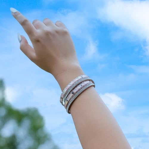 Boho Double Wrap Leather Bracelets Stackable Layered Western Hippie Jewelry | Colorful Stacked Bohemian Statement Chunky Magnetic Clasp Cuff Bangles Cowgirl Country Summer Beach Outfits for Women Trendy - color: Pink
