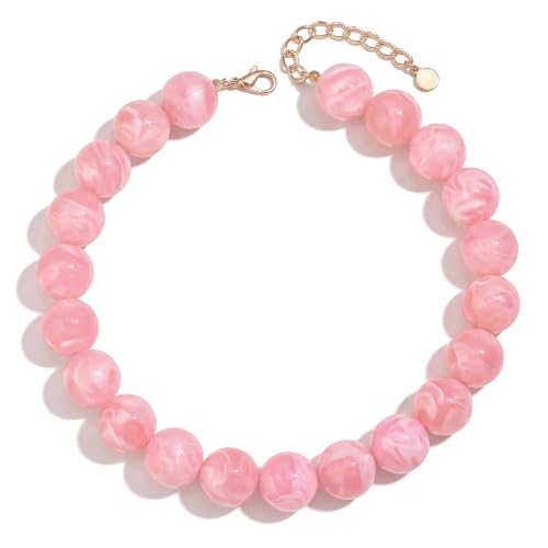 Chunky Beaded Necklace for Women Trendy Boho Collar Statement Necklace Large Round Resin Beads Choker Necklaces Summer Beach Jewelry Gifts - color: Pink