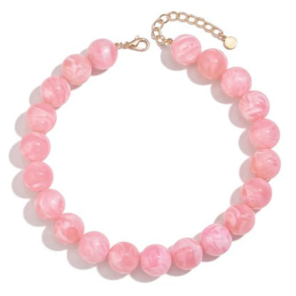 Chunky Beaded Necklace for Women Trendy Boho Collar Statement Necklace Large Round Resin Beads Choker Necklaces Summer Beach Jewelry Gifts - color: Pink