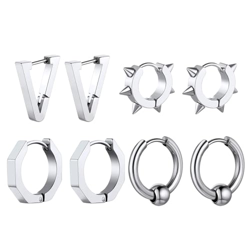 ChainsHouse Stud Earrings for Men Women,316L Stainless Steel/14K Gold/Black Plated Metal, Punk Hypoallergenic Surgical Huggie Hoop Earrings Mens Jewelry Piercing Hoop Earrings - style: F: Silver-Different Disign(4 Pairs)