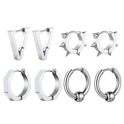 ChainsHouse Stud Earrings for Men Women,316L Stainless Steel/14K Gold/Black Plated Metal, Punk Hypoallergenic Surgical Huggie Hoop Earrings Mens Jewelry Piercing Hoop Earrings - style: F: Silver-Different Disign(4 Pairs)