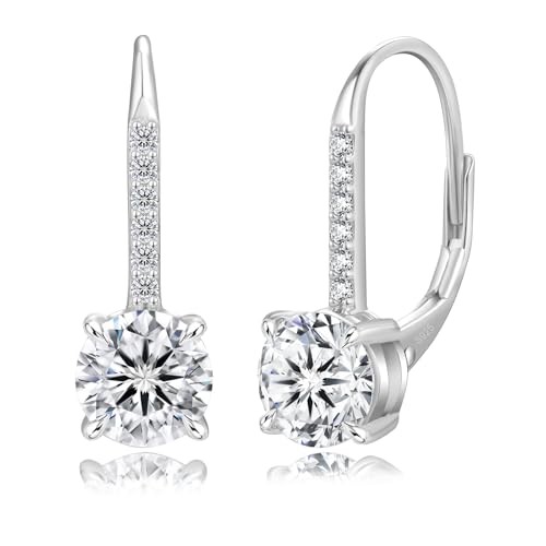 KRKC Moissanite Earrings, 1.0ct-2.0ct D Color Lab Created Diamond Earring, 14k White Gold Plated Sterling Silver Dangle Earrings S925 Leverback Drop Earring for Women Hypoallergenic Jewelry for Gifts - color: Round-Silver-6.5mm