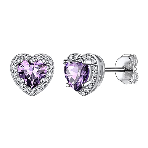 Suplight 925 Sterling Silver Birthstone Stud Earrings for Women, Round/Heart/Teardrop/Square Crystal Diamond Earrings for Women, Dainty Birthday Gifts Jewelry - color: style b-02. heart-February(Created Amethyst)