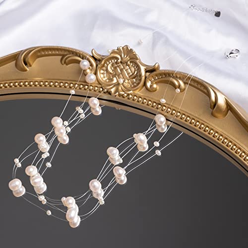925 Sterling Silver Dainty Freshwater Cultured Pearl Choker Necklace White Genuine Real Pearl Charm Necklaces Jewelry Gifts for Her - color: Satellite Pearl-Silver 3Plus