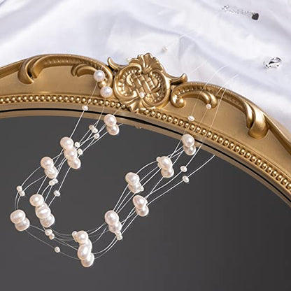 925 Sterling Silver Dainty Freshwater Cultured Pearl Choker Necklace White Genuine Real Pearl Charm Necklaces Jewelry Gifts for Her - color: Satellite Pearl-Silver 3Plus