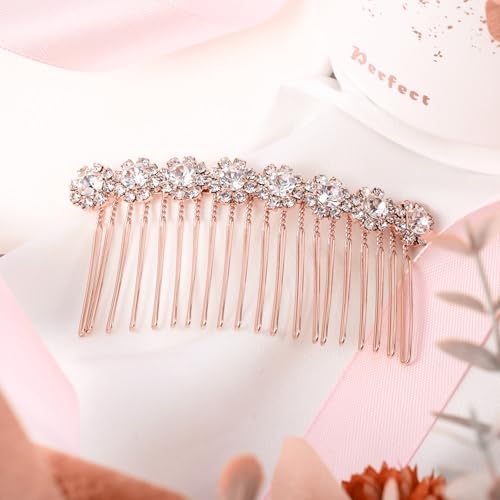 Geosar 4 Pieces Alloy Rhinestone Side Hair Combs Crystal Flower Clips Wedding Comb Bridal Jewelry Clips Combs French Hair Accessories for Women(Rose Gold) - color: Rose Gold