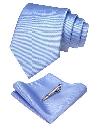 JEMYGINS Solid Color Formal Necktie and Pocket Square Tie Clip Sets for Men - color: Baby Blue