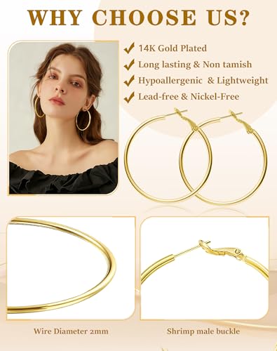 4 Pairs Gold Sliver Hoop Earrings For Women, Hypoallergenic Surgic Steel | 14K Gold Plated Stainless Steel, 30/40/50/60mm, Small Medium Large Size, Thin, Lightweight - color: 4 Pairs Gold-30/40/50/60mm