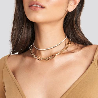 LANE WOODS Simulated-Diamond-Moissanite Tennis-Choker Necklaces-for-Women: Adjustable 18K White Gold Plated Sterling Silver Chain Necklace for Woman Prom Wedding Anniversary Party Jewelry Gifts - style: 15"-18"